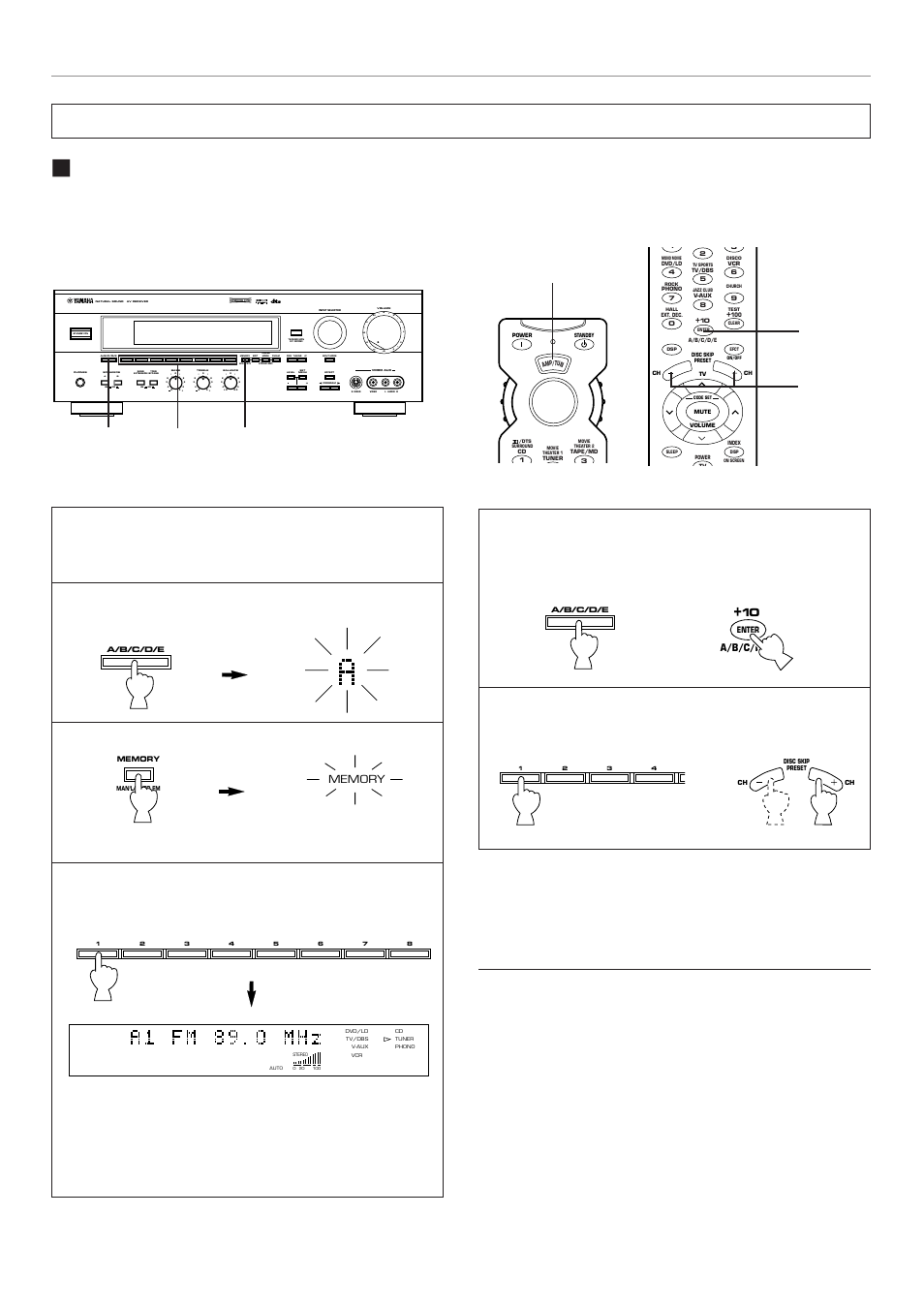 Preset tuning, Manual preset tuning, Select a group (a – e) of preset stations | Select the group of preset stations, Flashes on and off for about 5 seconds, Aon off on off b, Select “amp/tun, Basic operation | Yamaha RX-V795 User Manual | Page 44 / 92