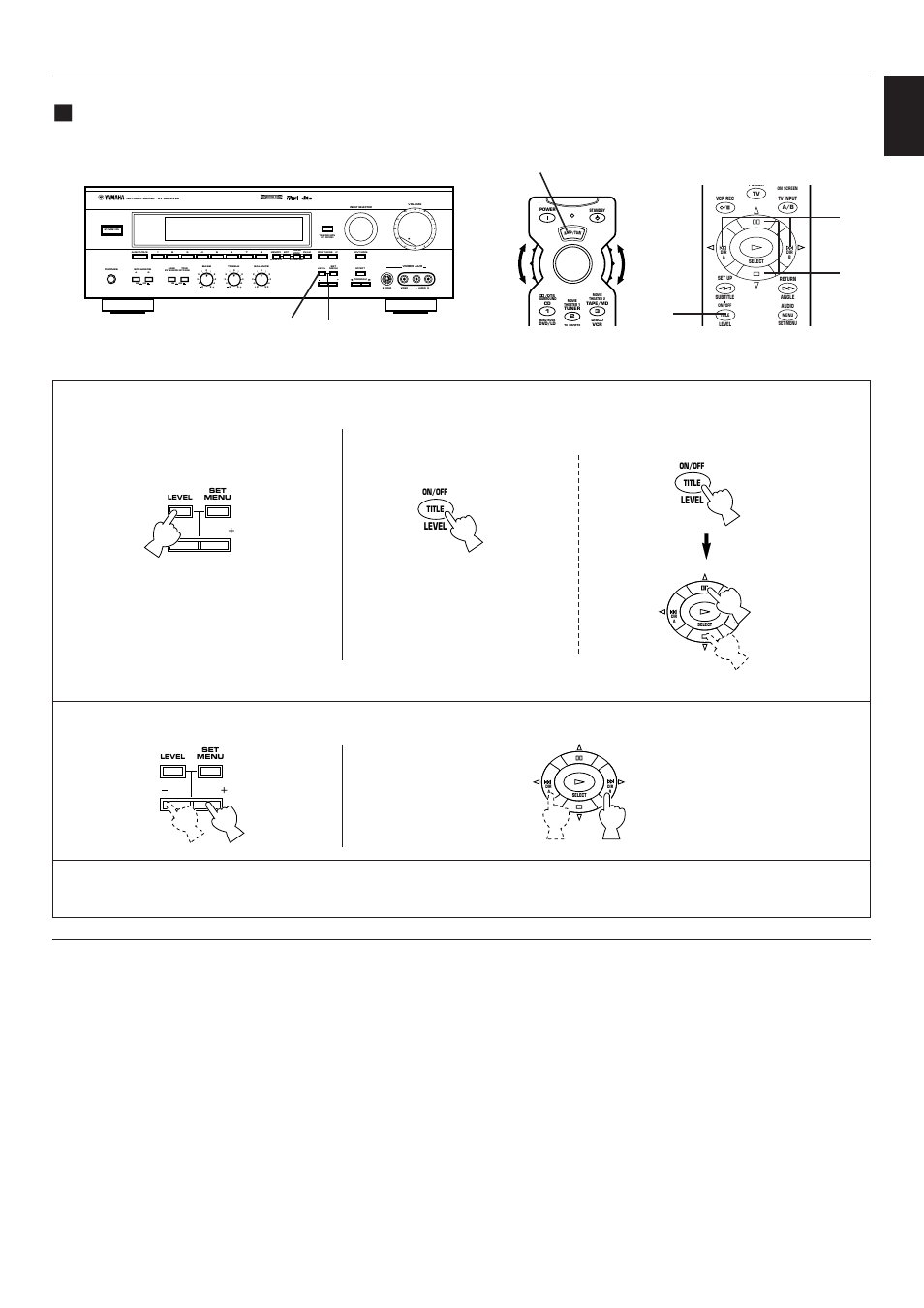 Method of adjustment, English, Adjust the level on the selected speaker(s) | Press once or more, Press once or more. press once, Select “amp/tun, Aon off on off b, Basic operation | Yamaha RX-V795 User Manual | Page 51 / 92