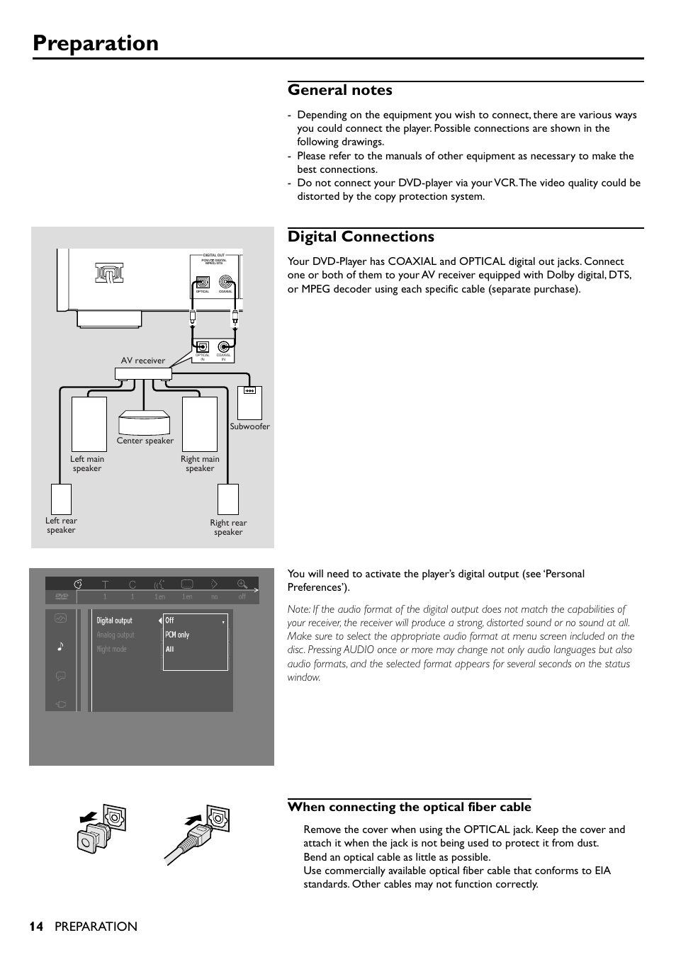 Preparation, General notes, Digital connections | Digital connections analog connections, When connecting the optical fiber cable, Bend an optical cable as little as possible | Yamaha DV-S5350 User Manual | Page 14 / 36