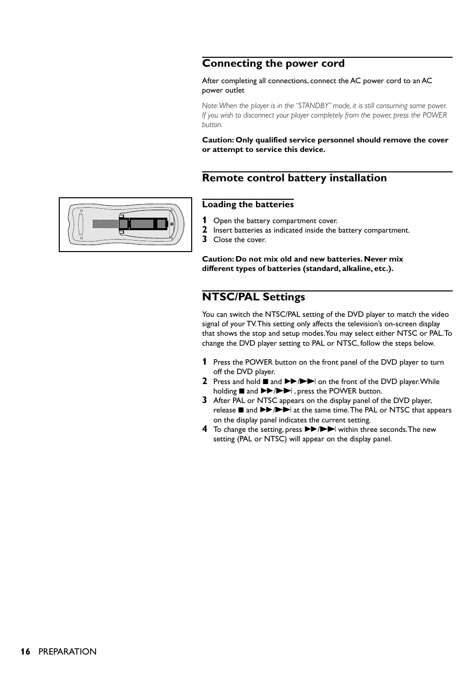 Connecting the power cord, Remote control battery installation, Ntsc/pal settings | Yamaha DV-S5350 User Manual | Page 16 / 36