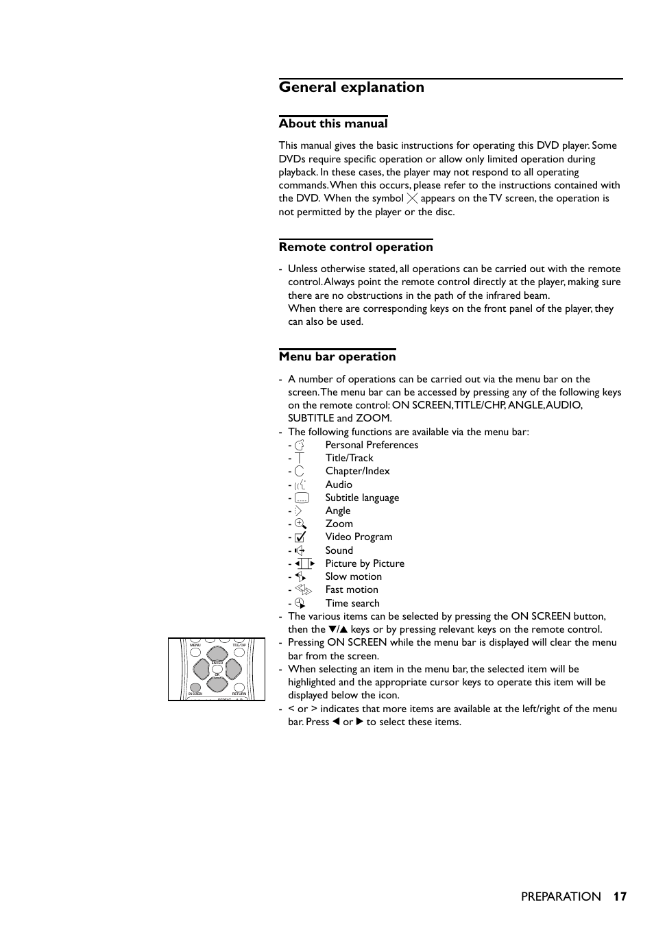 General explanation, About this manual, Remote control operation | Menu bar operation, Preparation | Yamaha DV-S5350 User Manual | Page 17 / 36