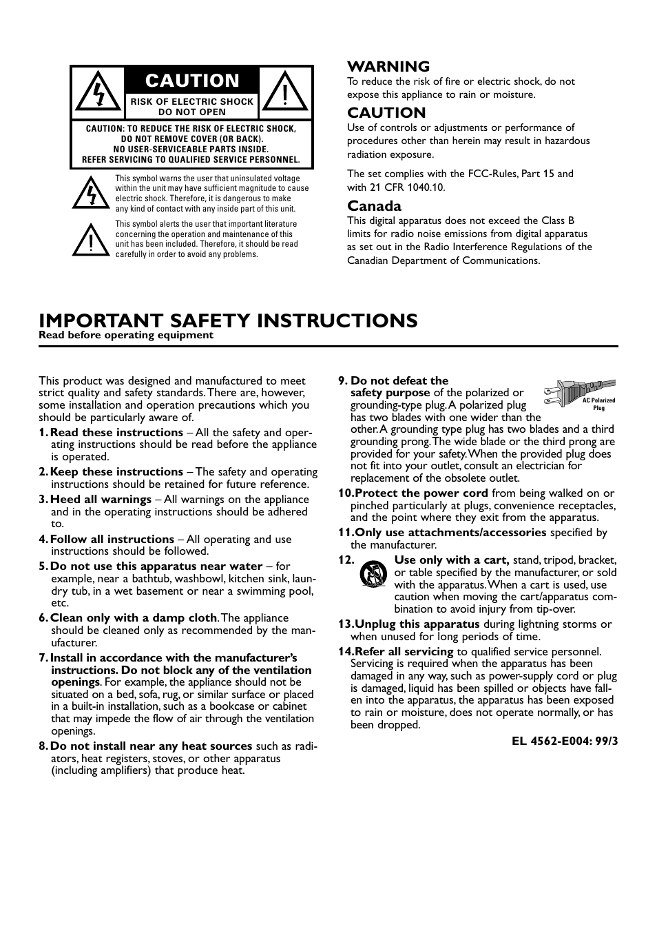 Important safety instructions, Caution, Warning | Canada | Yamaha DV-S5350 User Manual | Page 2 / 36
