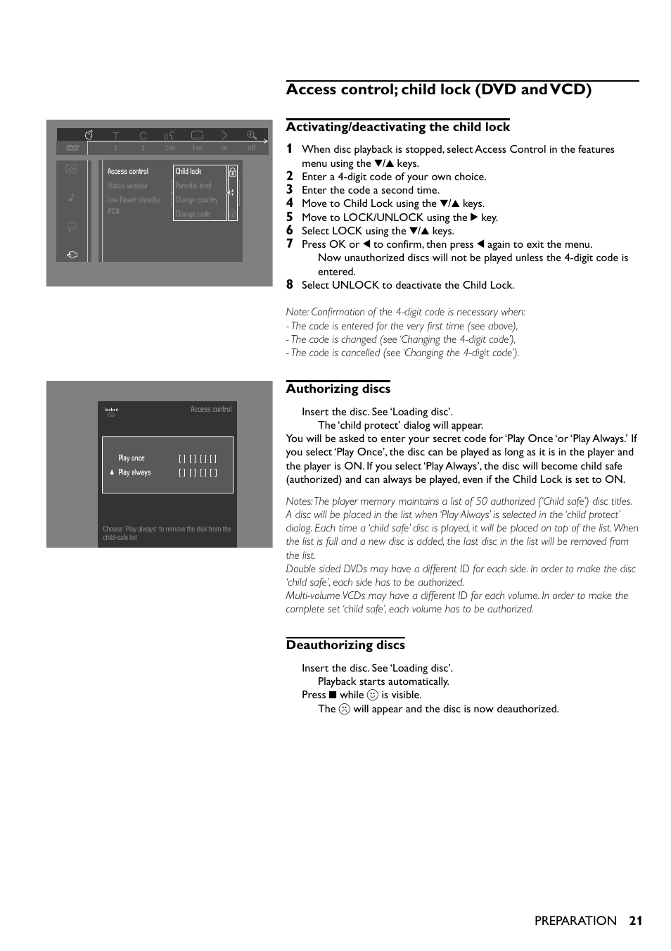Access control; child lock (dvd and vcd), Access control; parental control (dvd-video only) | Yamaha DV-S5350 User Manual | Page 21 / 36
