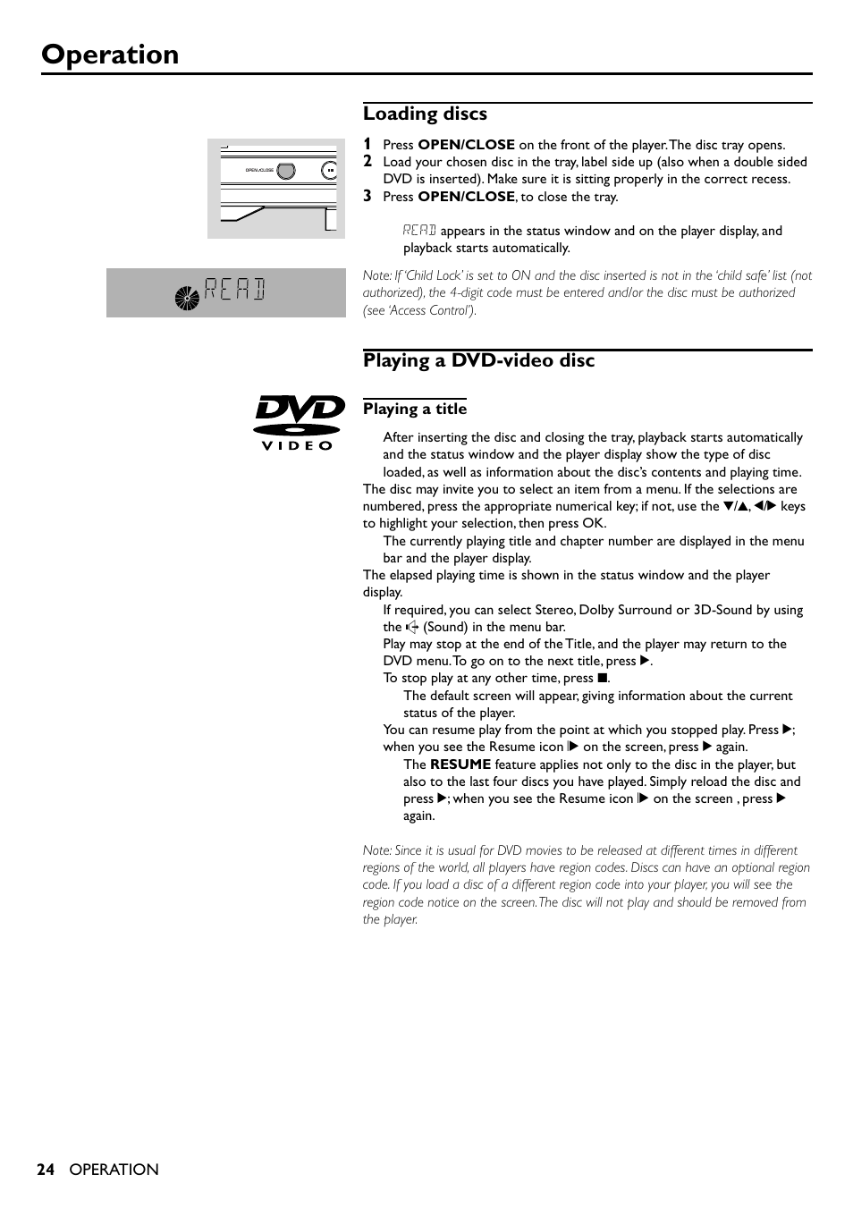 Operation, Loading discs, Playing a dvd-video disc | Playing a dvd-video disc playing a video cd | Yamaha DV-S5350 User Manual | Page 24 / 36