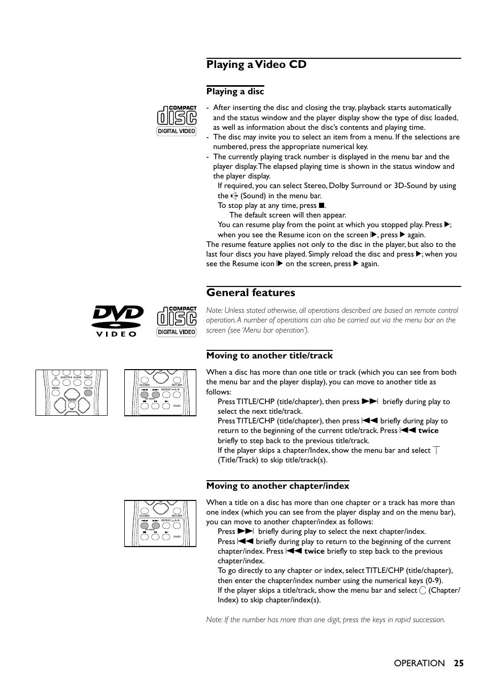 Playing a video cd, General features, Playing a disc | Moving to another title/track, Moving to another chapter/index, Operation | Yamaha DV-S5350 User Manual | Page 25 / 36
