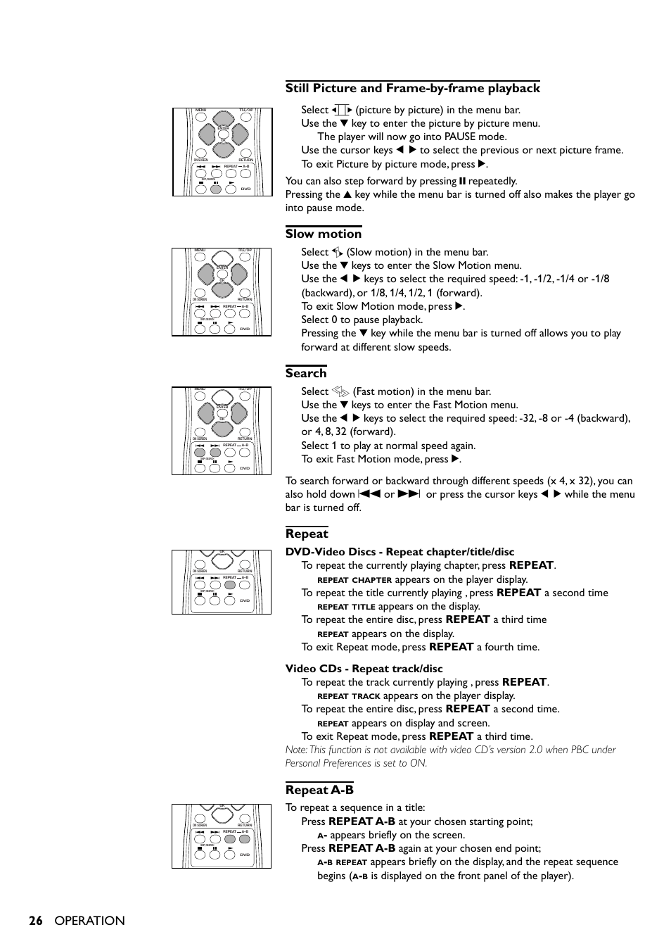 26 still picture and frame-by-frame playback, Slow motion, Search | Repeat, Repeat a-b, Operation, Select e (picture by picture) in the menu bar, Select f (slow motion) in the menu bar, Use the w keys to enter the slow motion menu, Select 0 to pause playback | Yamaha DV-S5350 User Manual | Page 26 / 36