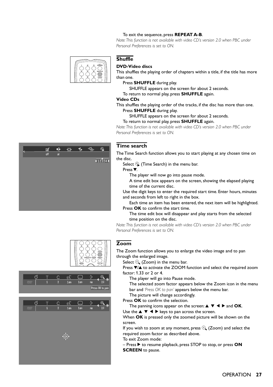 Shuffle, Time search, Zoom | Operation, Select h (time search) in the menu bar, Select a (zoom) in the menu bar | Yamaha DV-S5350 User Manual | Page 27 / 36