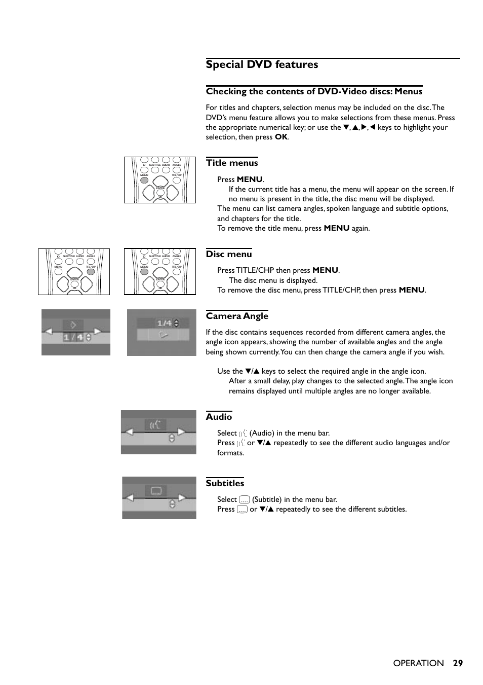 Special dvd features, Checking the contents of dvd-video discs: menus, Title menus | Disc menu, Camera angle, Audio, Subtitles, Operation, 1 e n, Select y (audio) in the menu bar | Yamaha DV-S5350 User Manual | Page 29 / 36