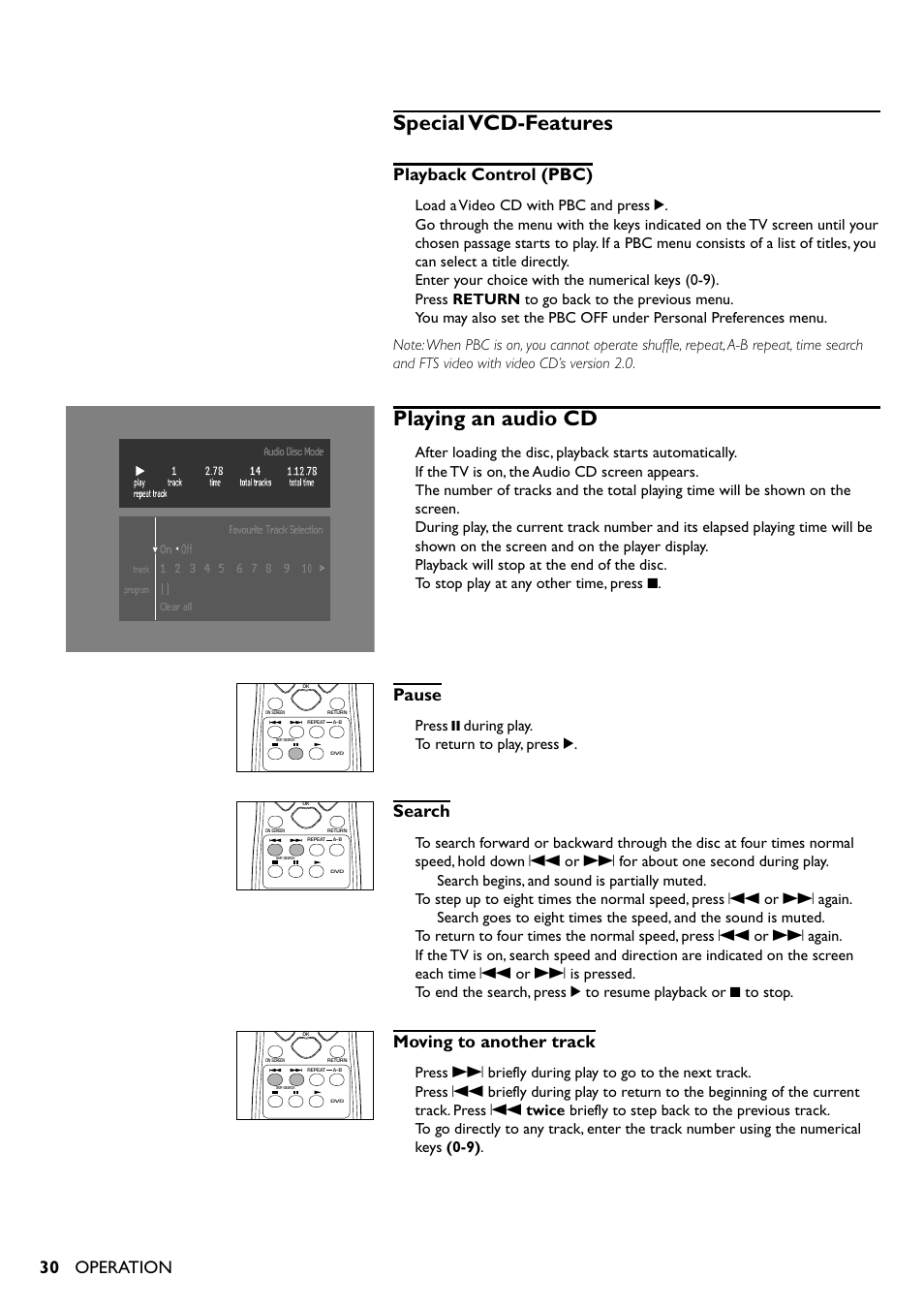 Special vcd-features, Playing an audio cd, Special vcd-features playing an audio cd | Playback control (pbc), Pause, Search, Moving to another track, Operation, Load a video cd with pbc and press 2, Enter your choice with the numerical keys (0-9) | Yamaha DV-S5350 User Manual | Page 30 / 36