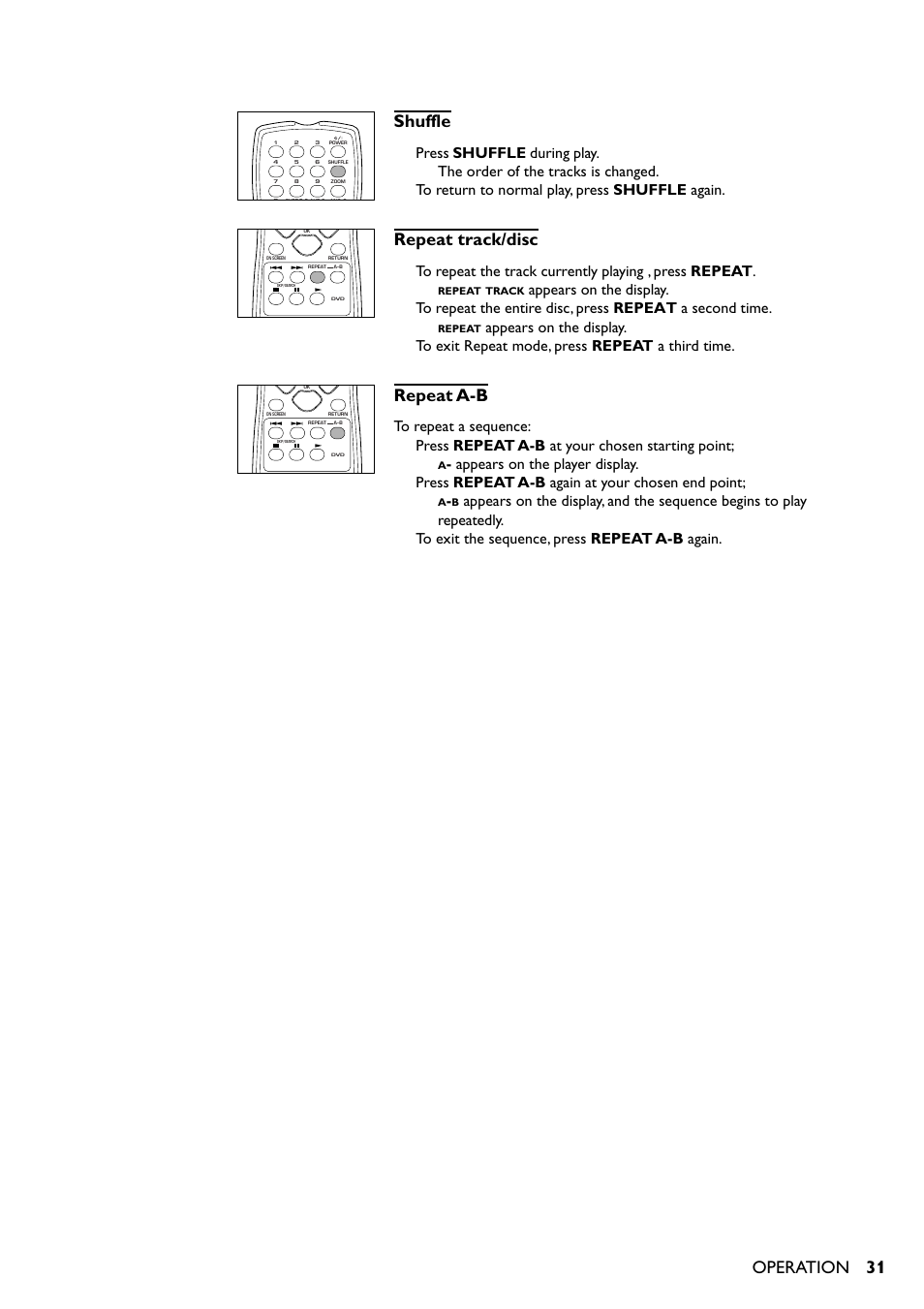 31 shuffle, Repeat track/disc, Repeat a-b | Operation, Appears on the display, Press repeat a-b at your chosen starting point, Appears on the player display, Press repeat a-b again at your chosen end point | Yamaha DV-S5350 User Manual | Page 31 / 36