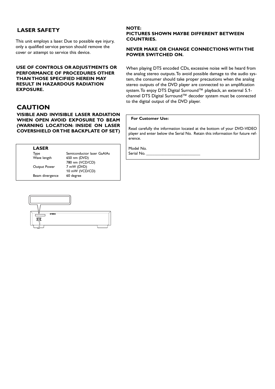 Caution, Laser safety | Yamaha DV-S5350 User Manual | Page 4 / 36