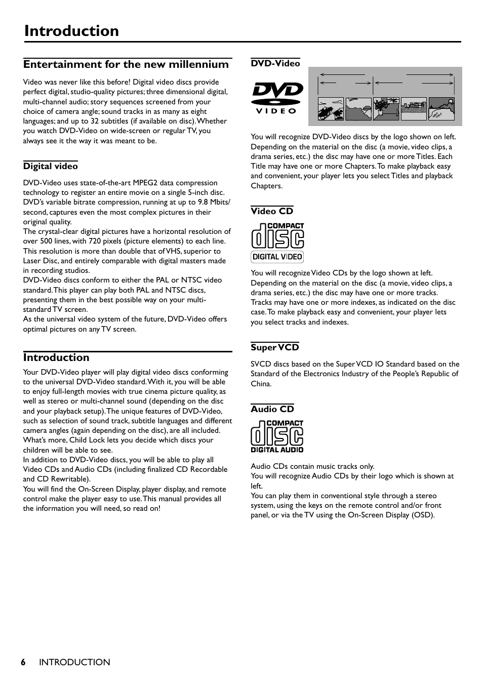 Introduction, Entertainment for the new millennium, Entertainment for the new millennium introduction | Digital video, Introduction dvd-video, Video cd, Super vcd, Audio cd | Yamaha DV-S5350 User Manual | Page 6 / 36