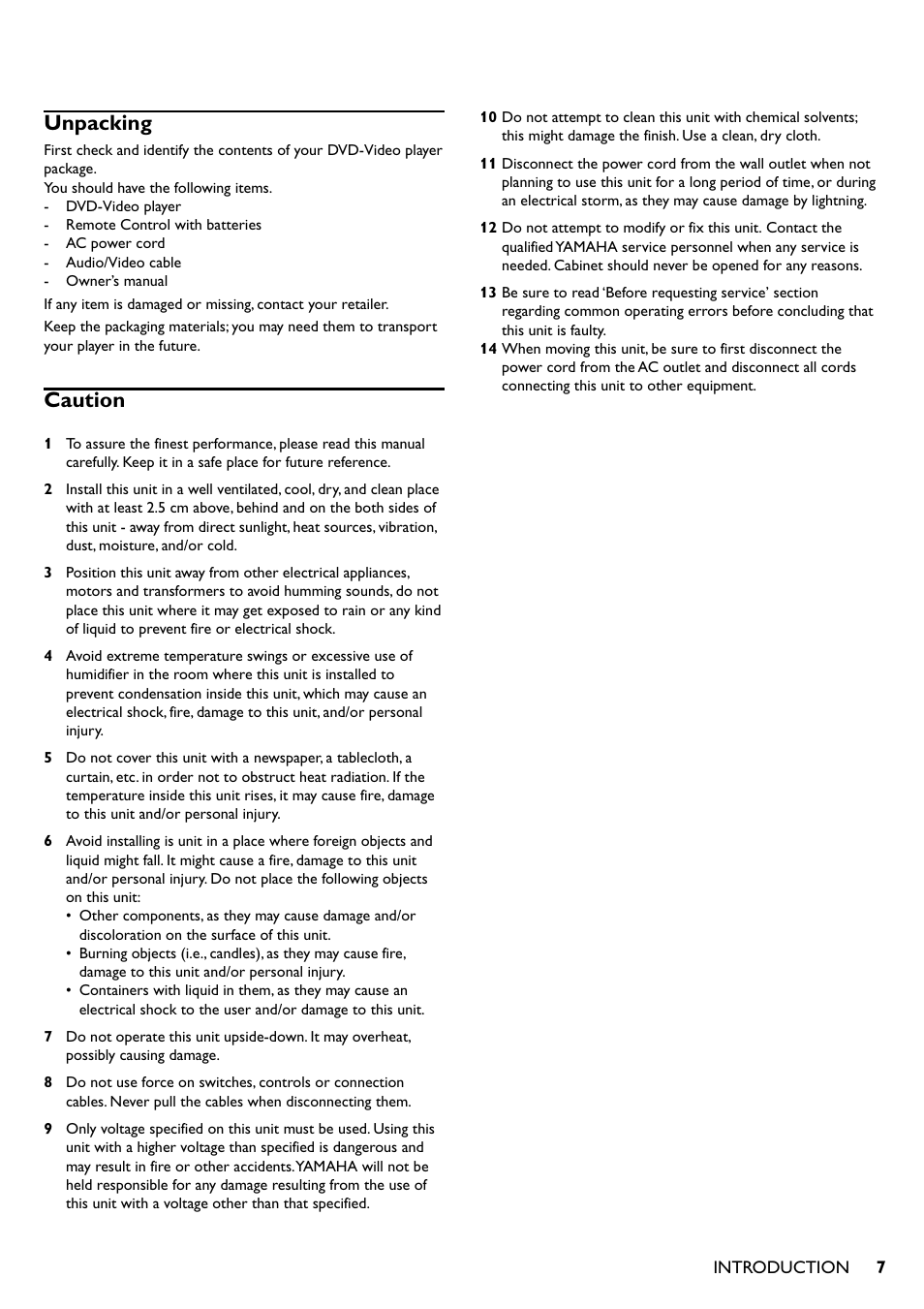 Unpacking, Caution, Unpacking caution | Front panel | Yamaha DV-S5350 User Manual | Page 7 / 36