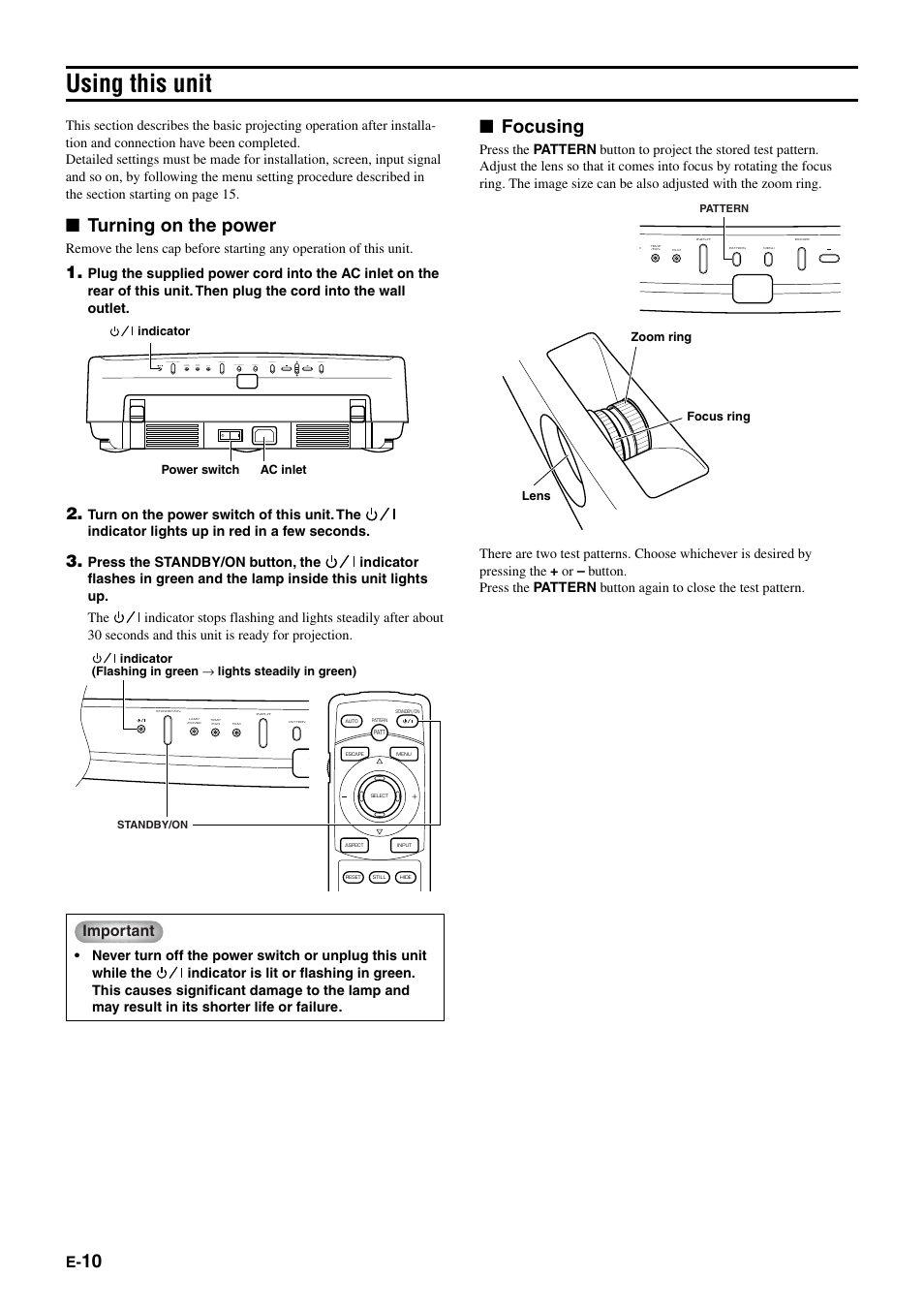 Basic operation, Using this unit, Turning on the power | Focusing, Important | Yamaha DPX-1 User Manual | Page 13 / 39