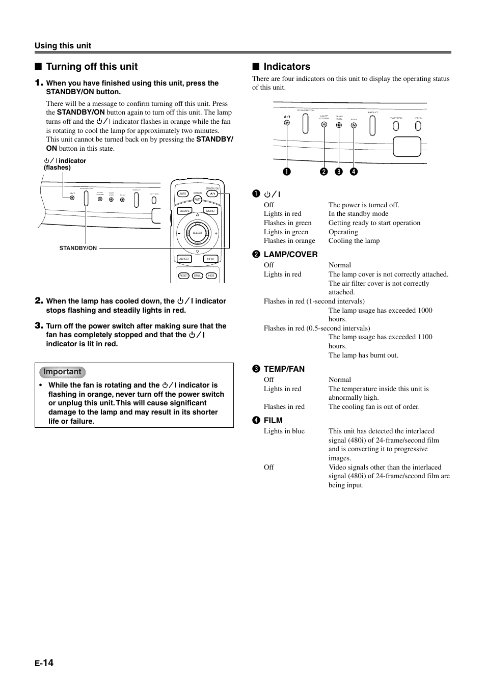 14 ■ turning off this unit, Indicators, Important | 2 lamp/cover, 3 temp/fan, 4 film, Using this unit | Yamaha DPX-1 User Manual | Page 17 / 39