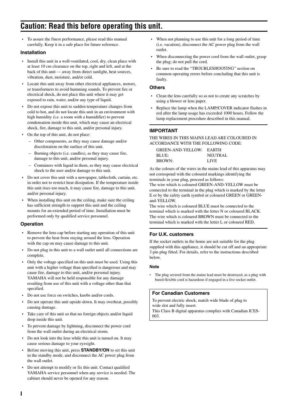 English, Caution: read this before operating this unit | Yamaha DPX-1 User Manual | Page 2 / 39