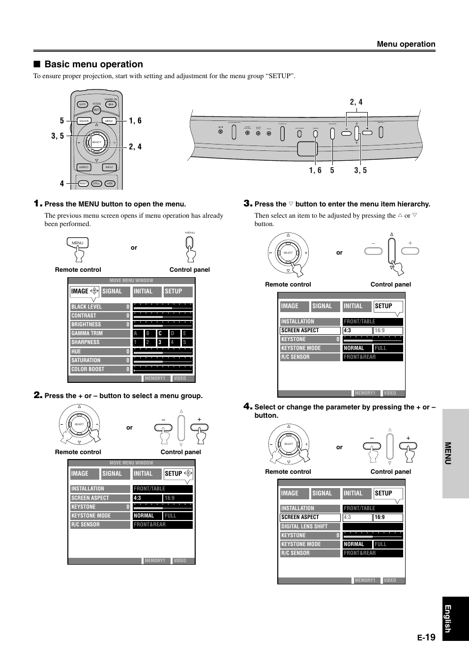 Basic menu operation, English menu menu operation, Press the + or – button to select a menu group | Yamaha DPX-1 User Manual | Page 22 / 39