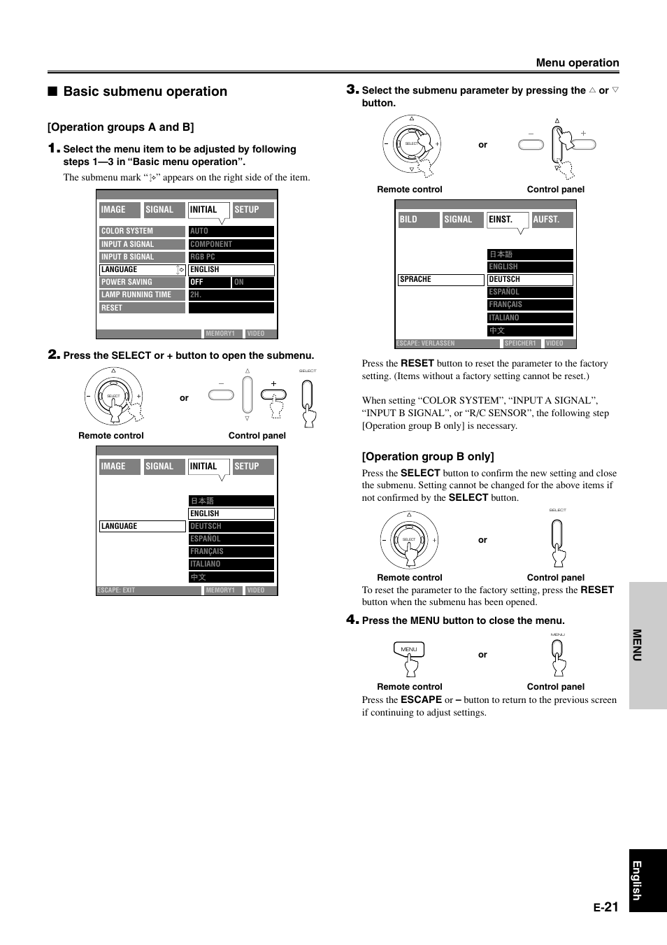 Basic submenu operation, English menu menu operation, Operation groups a and b | Operation group b only | Yamaha DPX-1 User Manual | Page 24 / 39