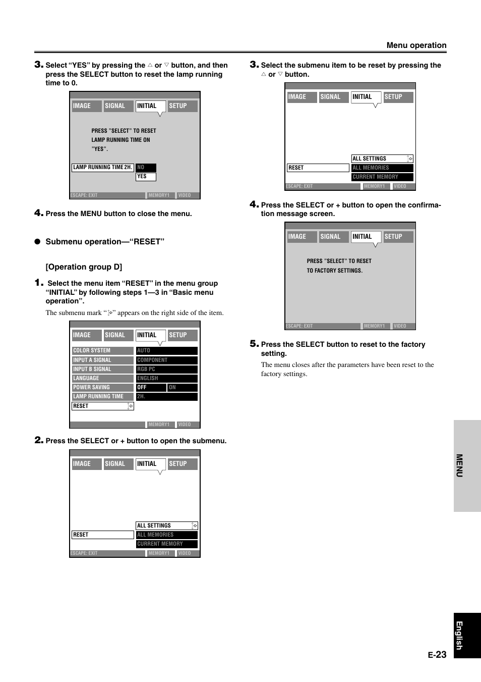 English menu, Menu operation, Submenu operation—“reset” [operation group d | Yamaha DPX-1 User Manual | Page 26 / 39