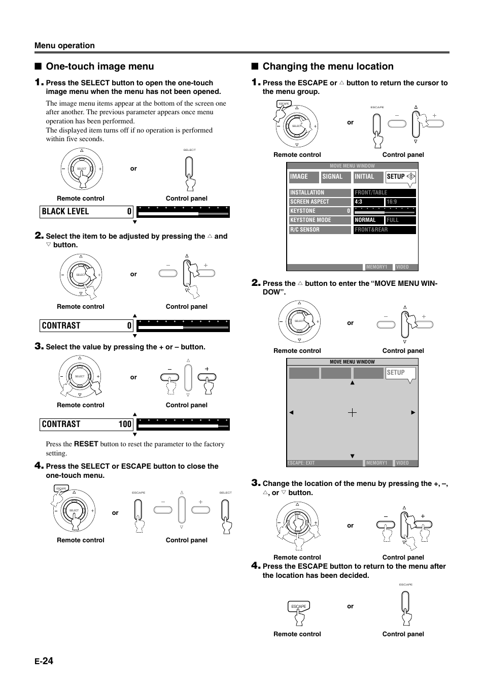 One-touch image menu 1, Changing the menu location 1, Menu operation | Black level 0, Contrast 0 contrast 100 | Yamaha DPX-1 User Manual | Page 27 / 39