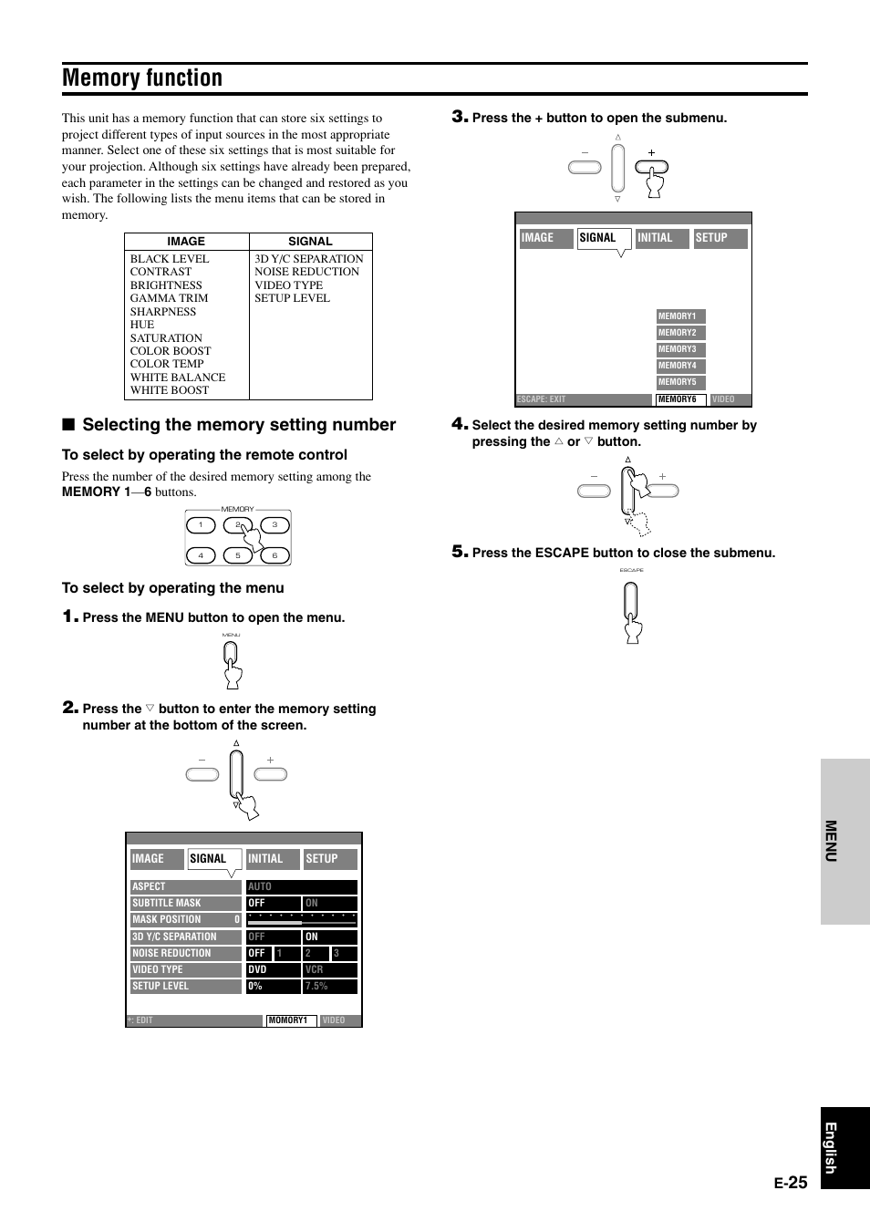 Memory function, English menu | Yamaha DPX-1 User Manual | Page 28 / 39