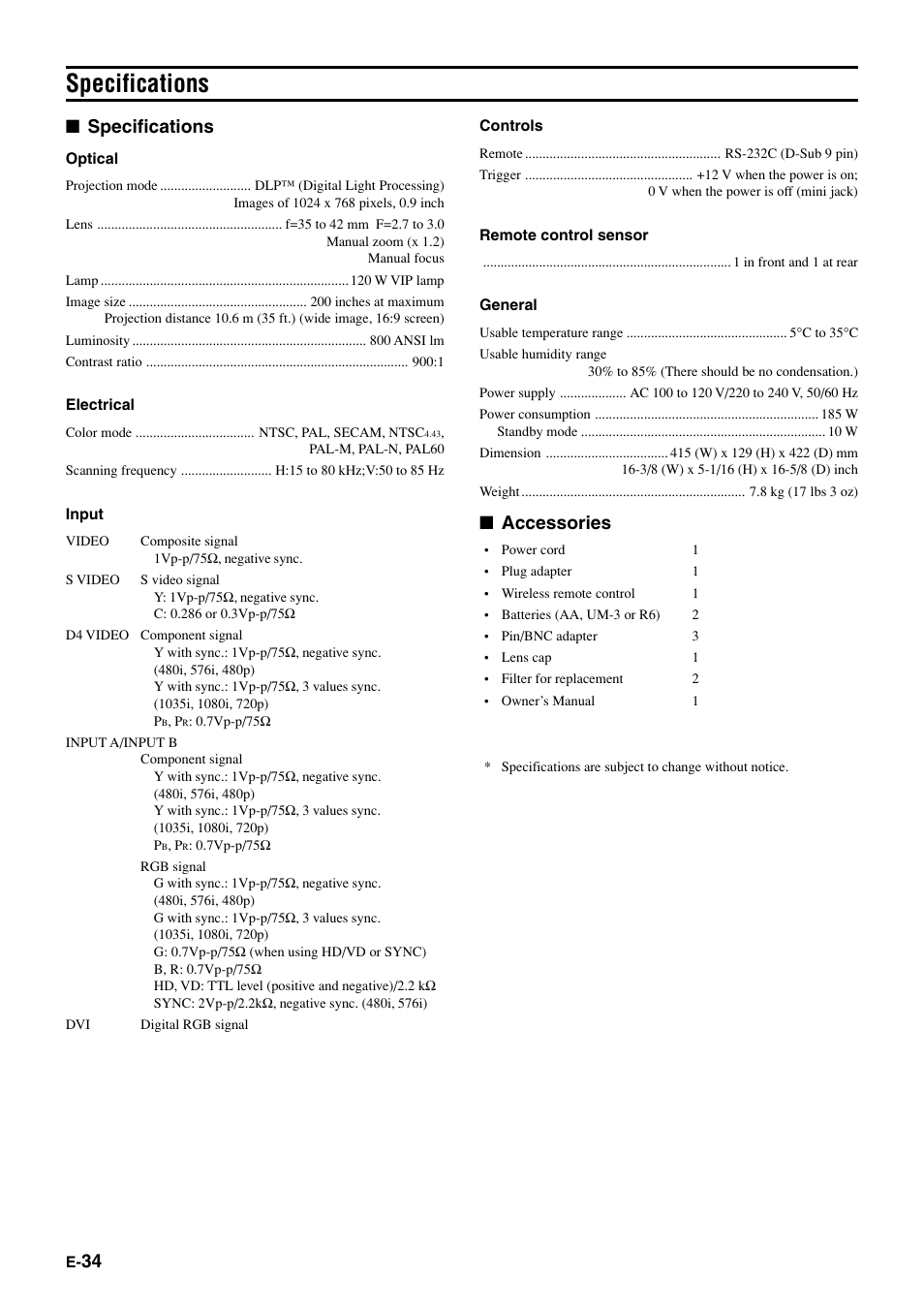 Specifications, Accessories | Yamaha DPX-1 User Manual | Page 37 / 39