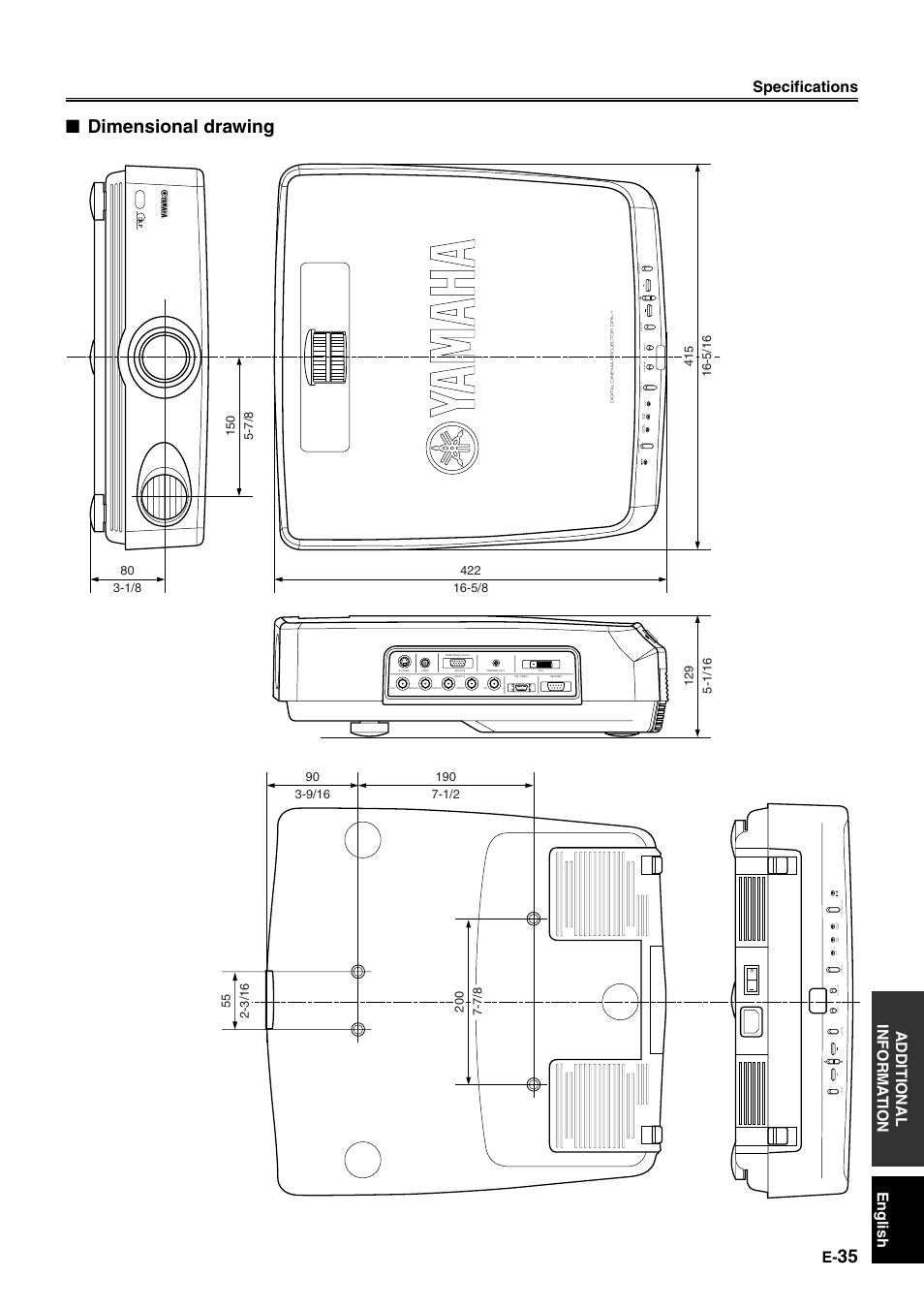 Dimensional drawing, English additional informa tion specifications | Yamaha DPX-1 User Manual | Page 38 / 39