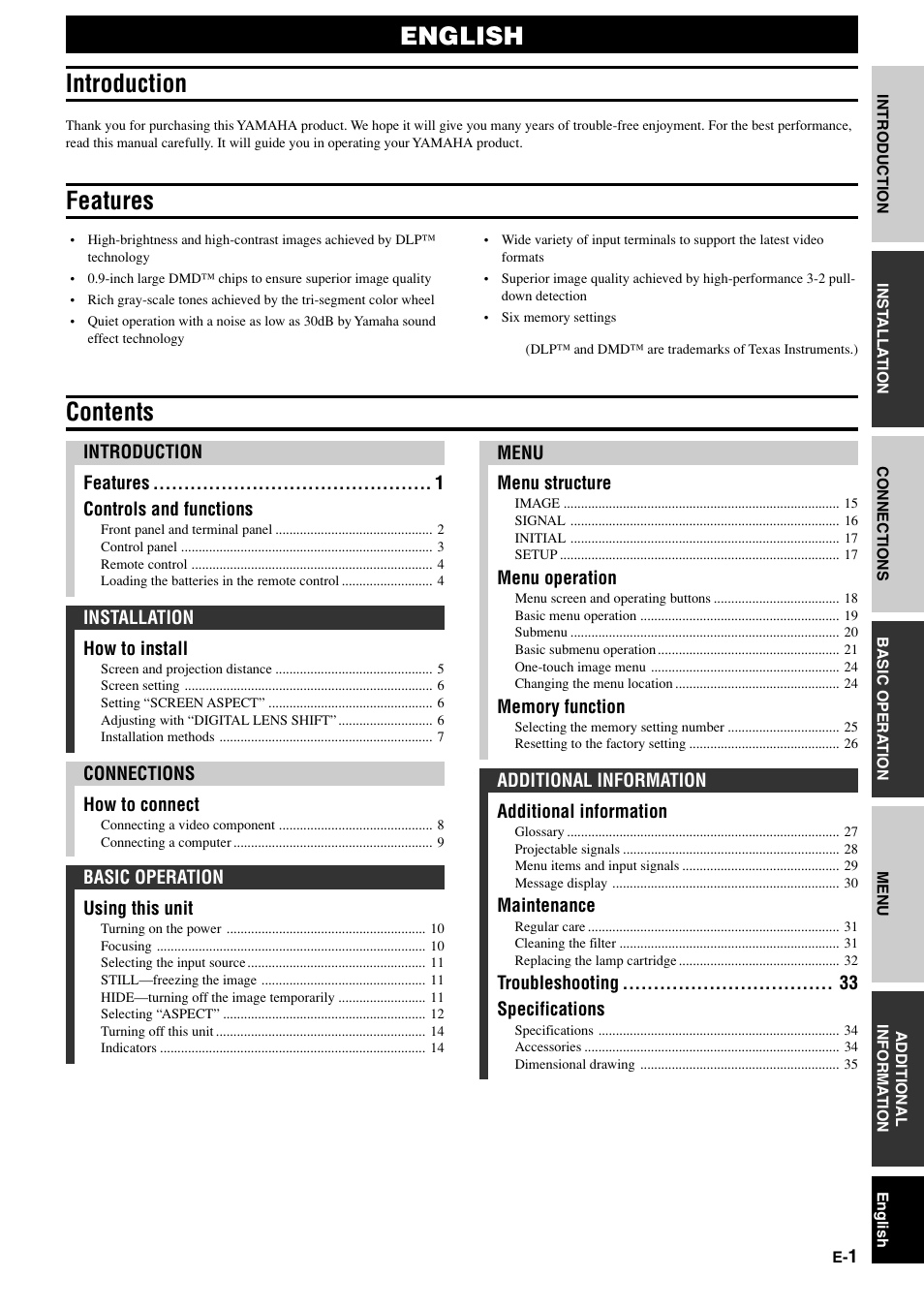 Introduction, Features, English introduction features contents | Yamaha DPX-1 User Manual | Page 4 / 39