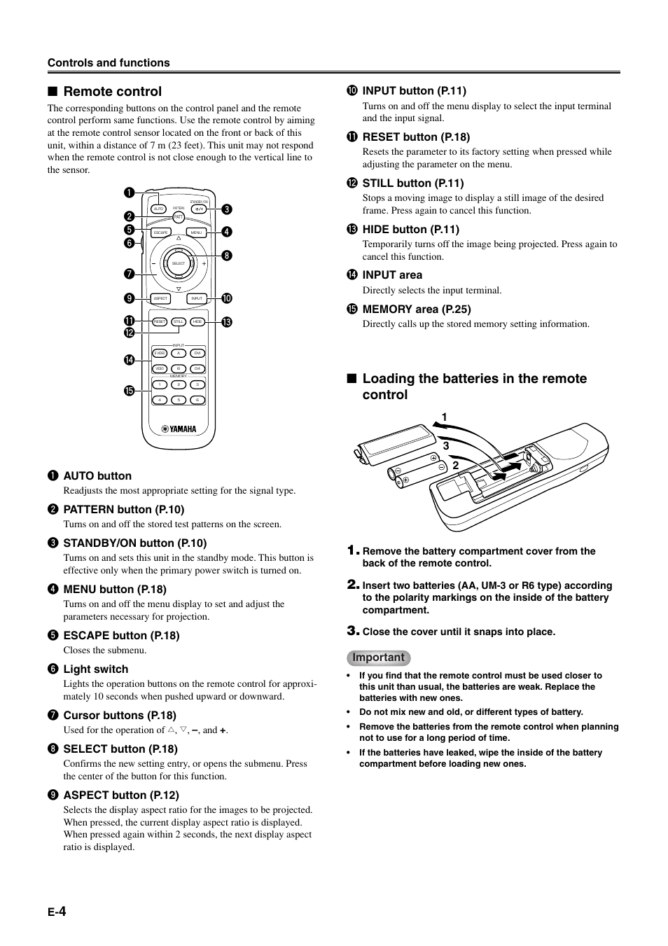 Remote control, Loading the batteries in the remote control 1, Controls and functions | 1 auto button, 2 pattern button (p.10), 3 standby/on button (p.10), 4 menu button (p.18), 5 escape button (p.18), 6 light switch, 7 cursor buttons (p.18) | Yamaha DPX-1 User Manual | Page 7 / 39