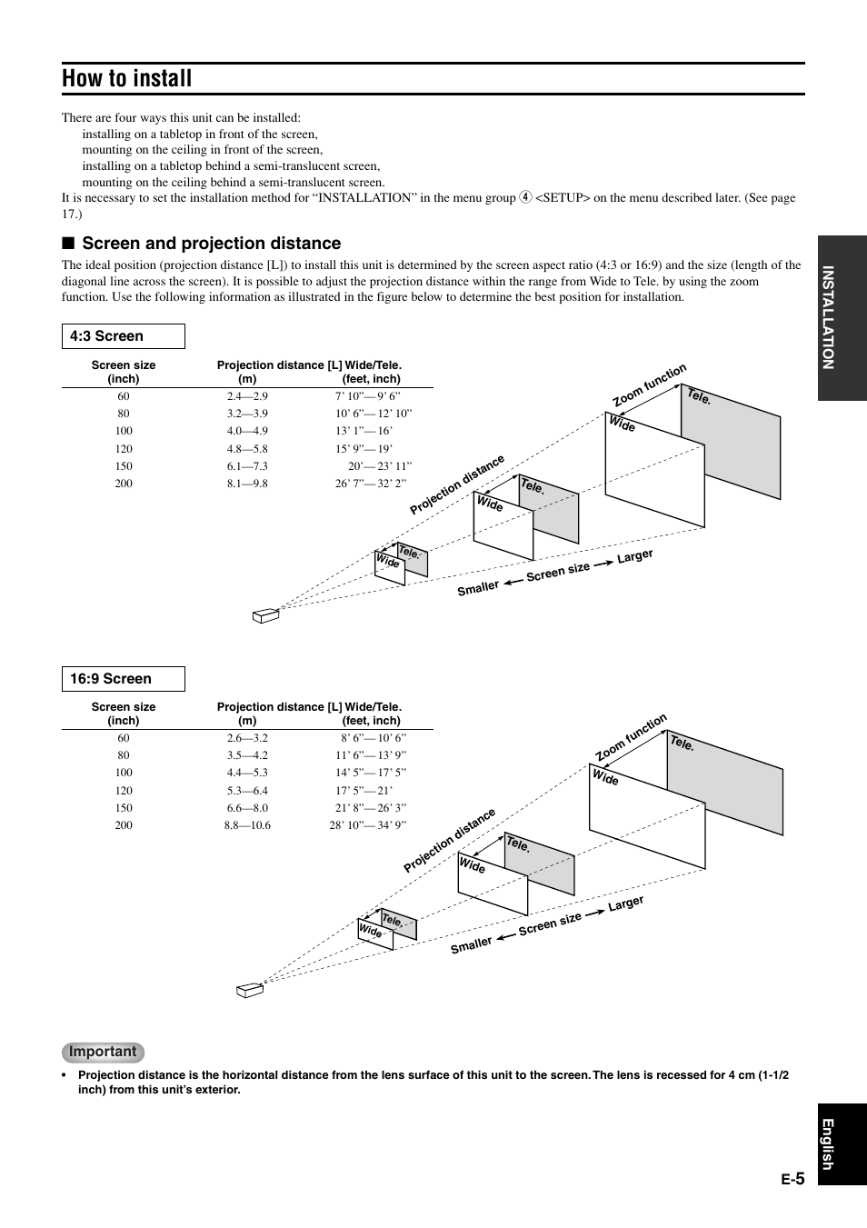 Installation, How to install, Screen and projection distance | Yamaha DPX-1 User Manual | Page 8 / 39