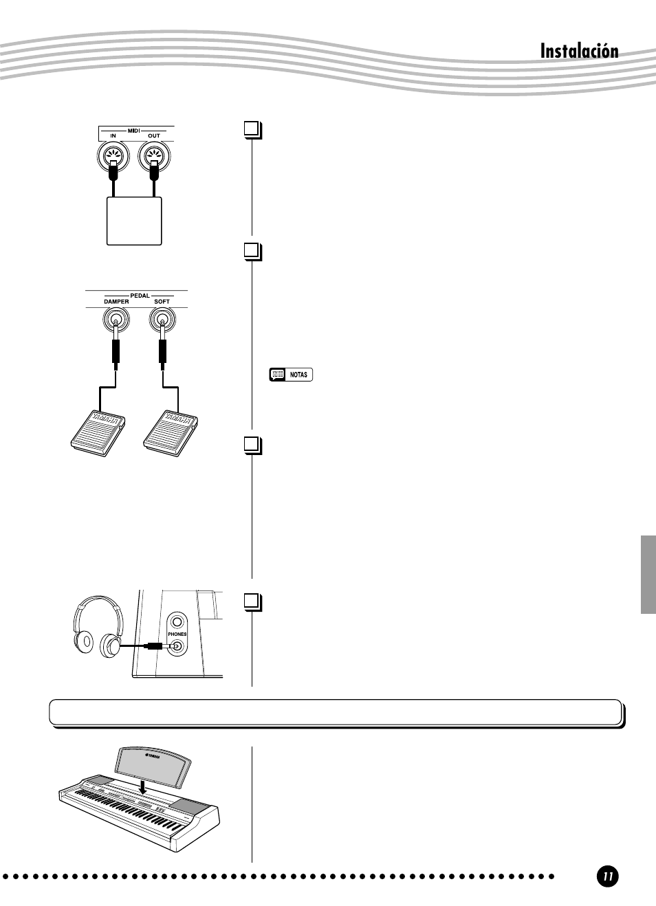 Instalación, Atril, Empleo de los conectores midi in y out | Empleo de las tomas de auriculares (phones) | Yamaha YPP-100 User Manual | Page 11 / 54