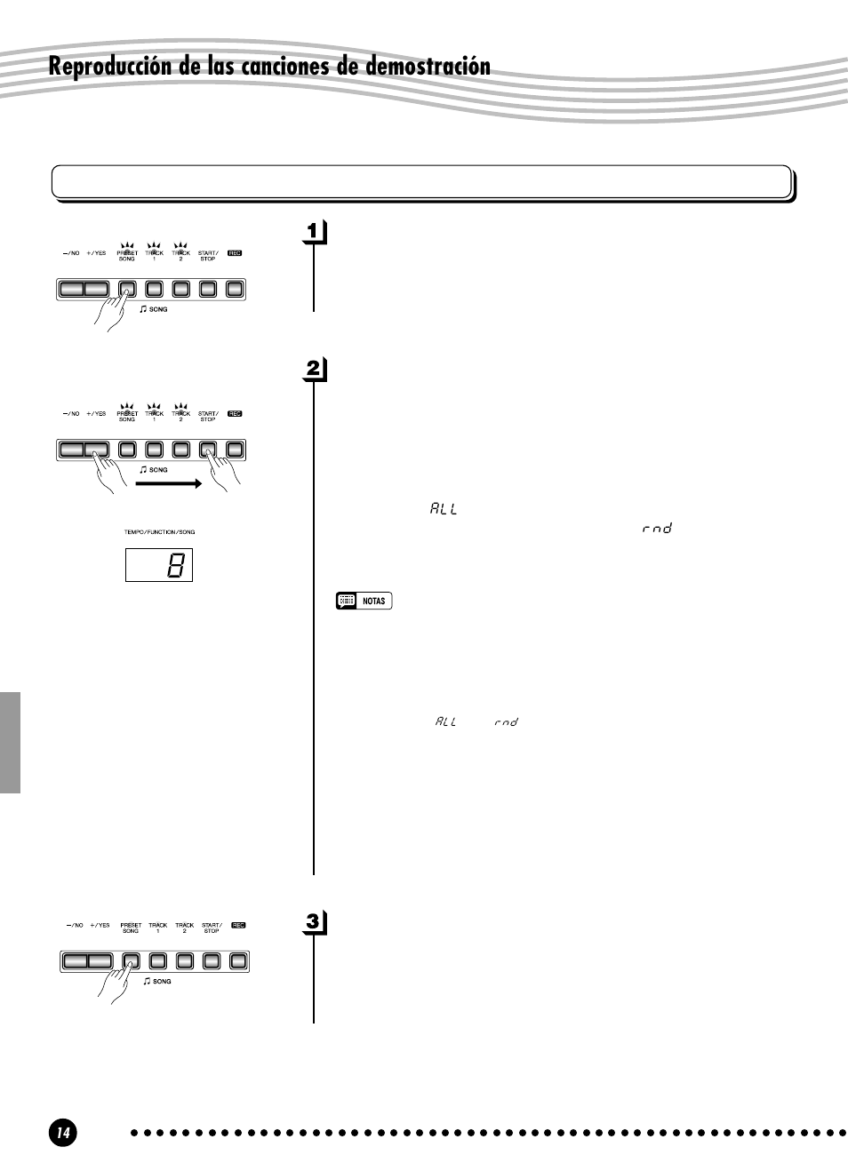 Reproducción de las canciones de demostración, Canciones preajustadas, Active el modo de canciones preajustadas | Reproduzca una de canción preajustada, Salga del modo de canciones preajustadas | Yamaha YPP-100 User Manual | Page 14 / 54