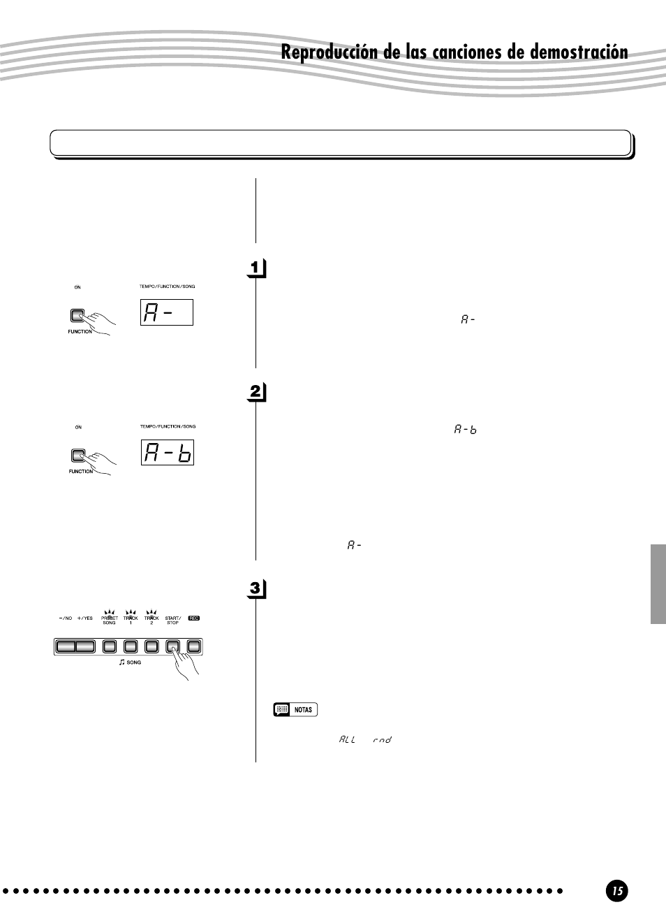 Reproducción de las canciones de demostración, Repetión a-b de canciones preajustadas, Especifique el principio (a) de la frase | Especifique el final (b) de la frase, Pare la reproducción | Yamaha YPP-100 User Manual | Page 15 / 54