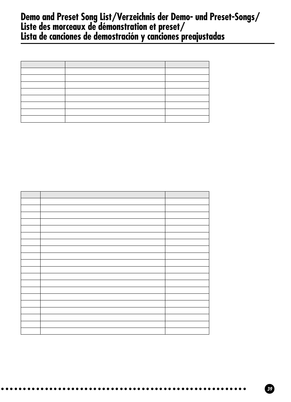 Voice demo tune titles, Preset song titles | Yamaha YPP-100 User Manual | Page 39 / 54