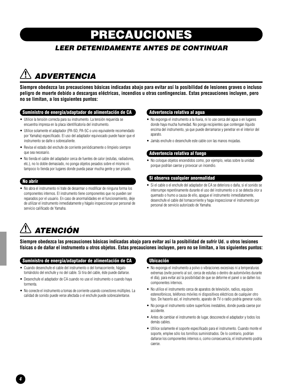 Precauciones, Advertencia, Atención | Leer detenidamente antes de continuar | Yamaha YPP-100 User Manual | Page 4 / 54