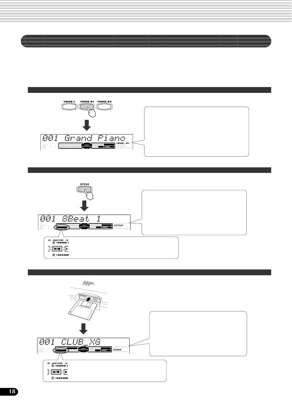 イージーナビゲーターを使った画面の見かた, 001 grand piano, 001 club xg | Yamaha Portatone PSR-540 User Manual | Page 18 / 160