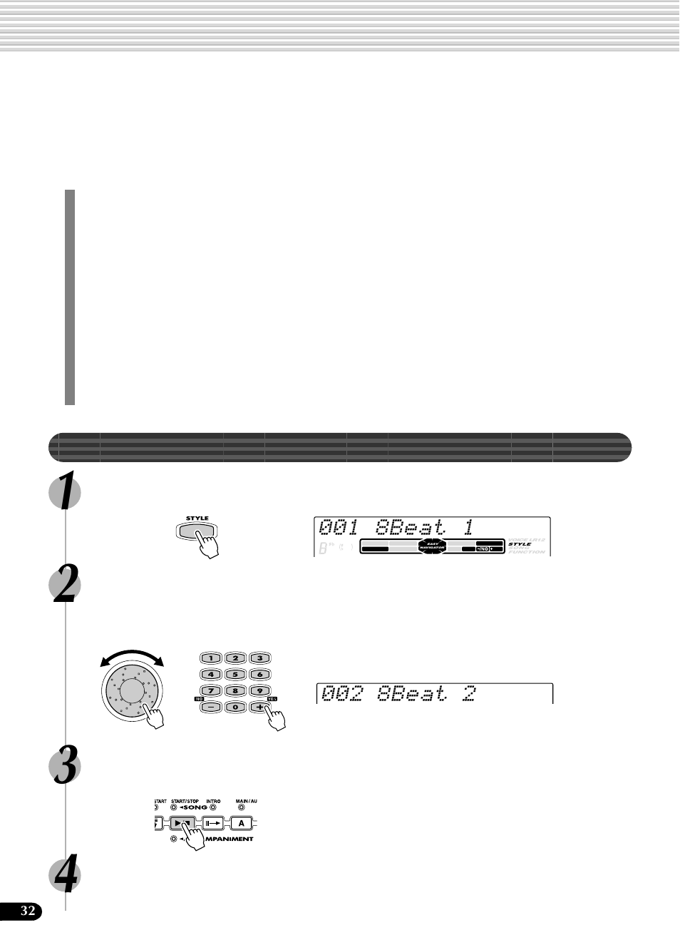 自動伴奏を使ってみましょう, リズムだけを再生する | Yamaha Portatone PSR-540 User Manual | Page 32 / 160