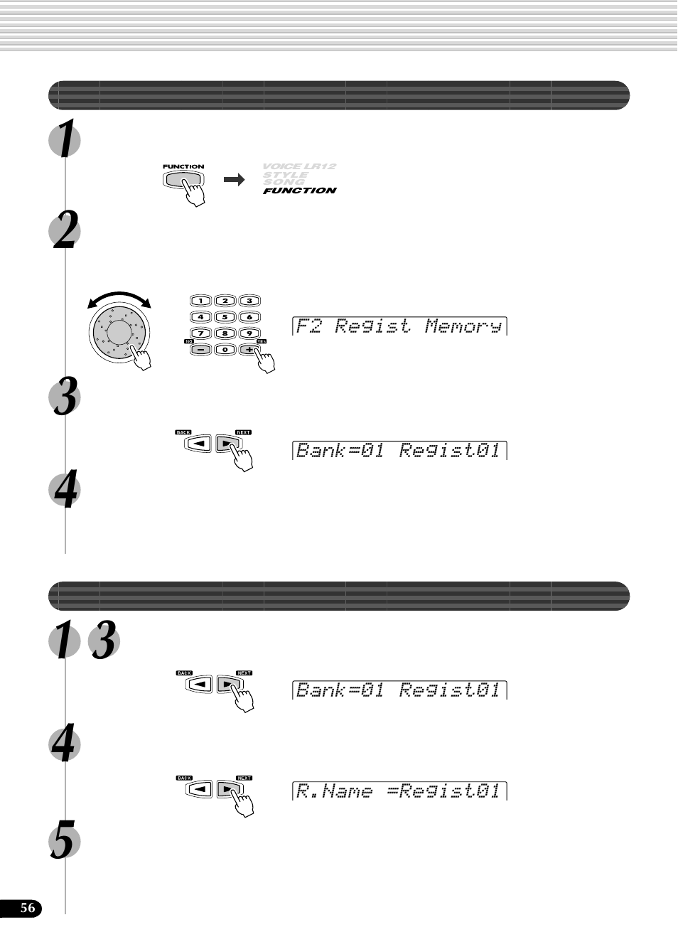 バンクを選ぶ, バンクに名前をつける | Yamaha Portatone PSR-540 User Manual | Page 56 / 160