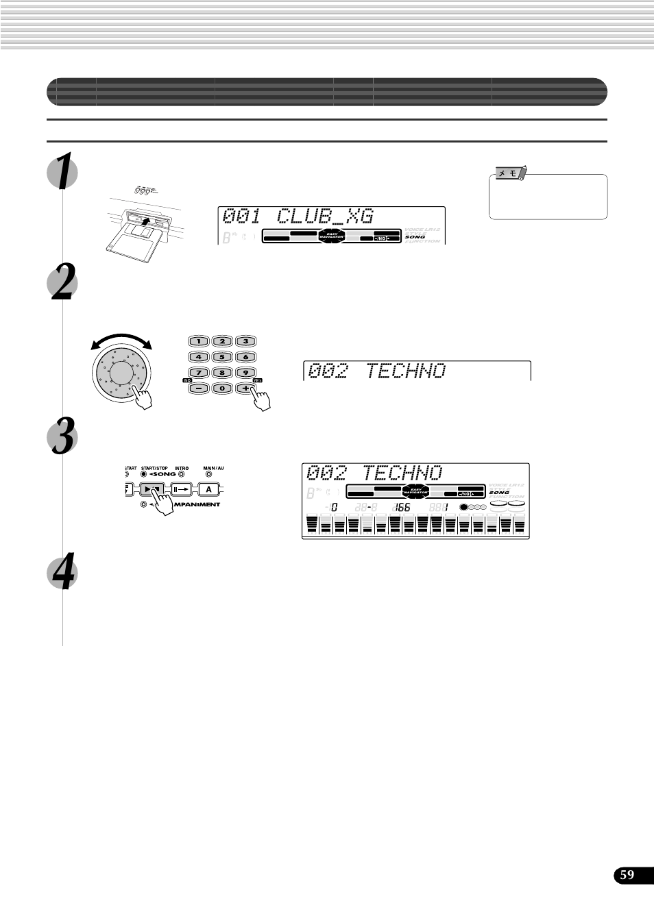 付属のディスクを活用してみましょう, 002 techno, 001 club xg | Yamaha Portatone PSR-540 User Manual | Page 59 / 160