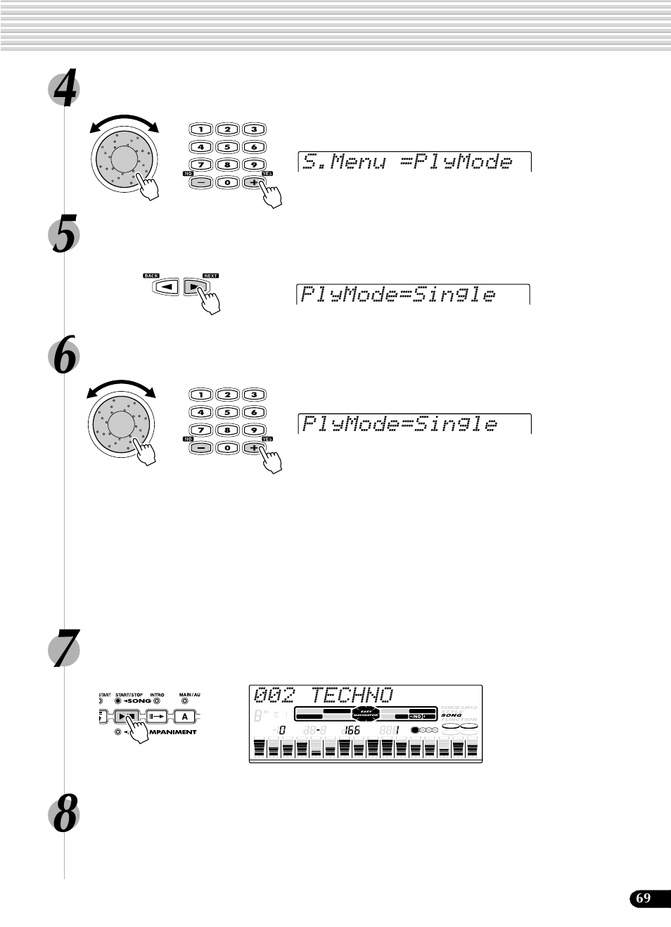 S.menu =plymode plymode=single plymode=single, 002 techno | Yamaha Portatone PSR-540 User Manual | Page 69 / 160