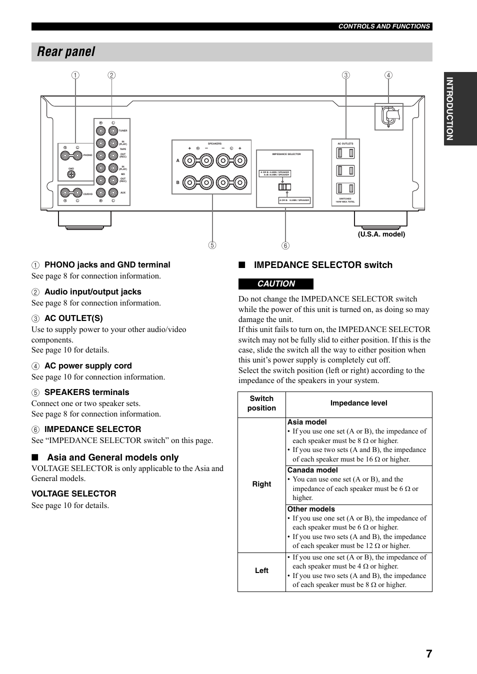 Rear panel, Asia and general models only, Impedance selector switch | Caution | Yamaha AX-397 EN User Manual | Page 11 / 23