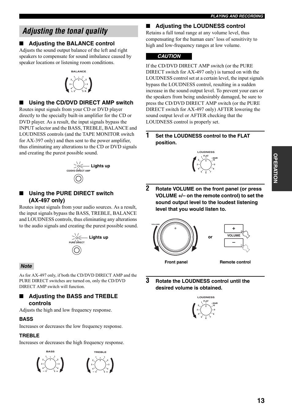 Adjusting the tonal quality, Adjusting the balance control, Using the cd/dvd direct amp switch | Using the pure direct switch (ax-497 only), Adjusting the bass and treble controls, Adjusting the loudness control, Set the loudness control to the flat position, Caution, Lights up, Remote control front panel or | Yamaha AX-397 EN User Manual | Page 17 / 23