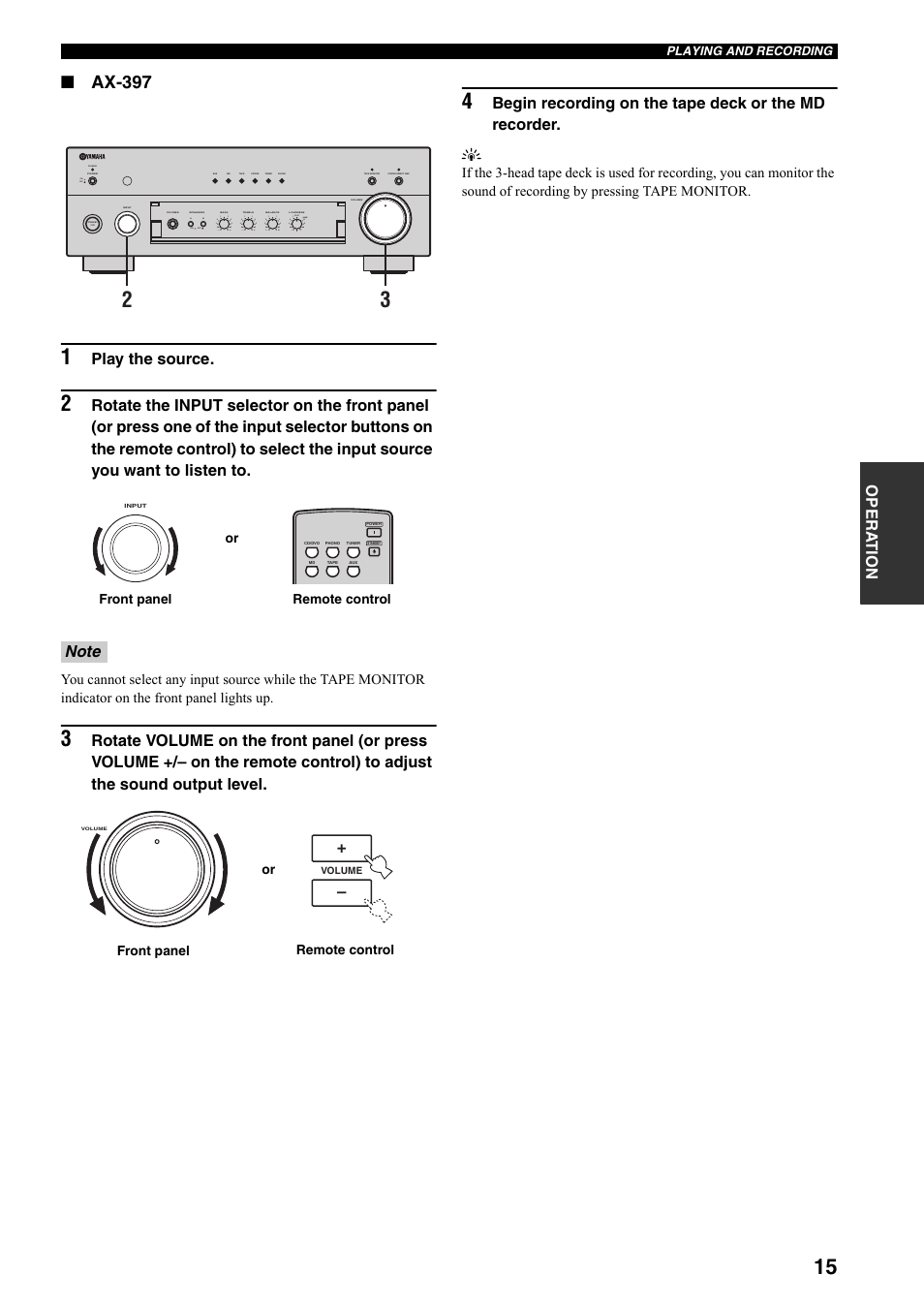 Ax-397, Play the source, Standby | On off on off | Yamaha AX-397 EN User Manual | Page 19 / 23