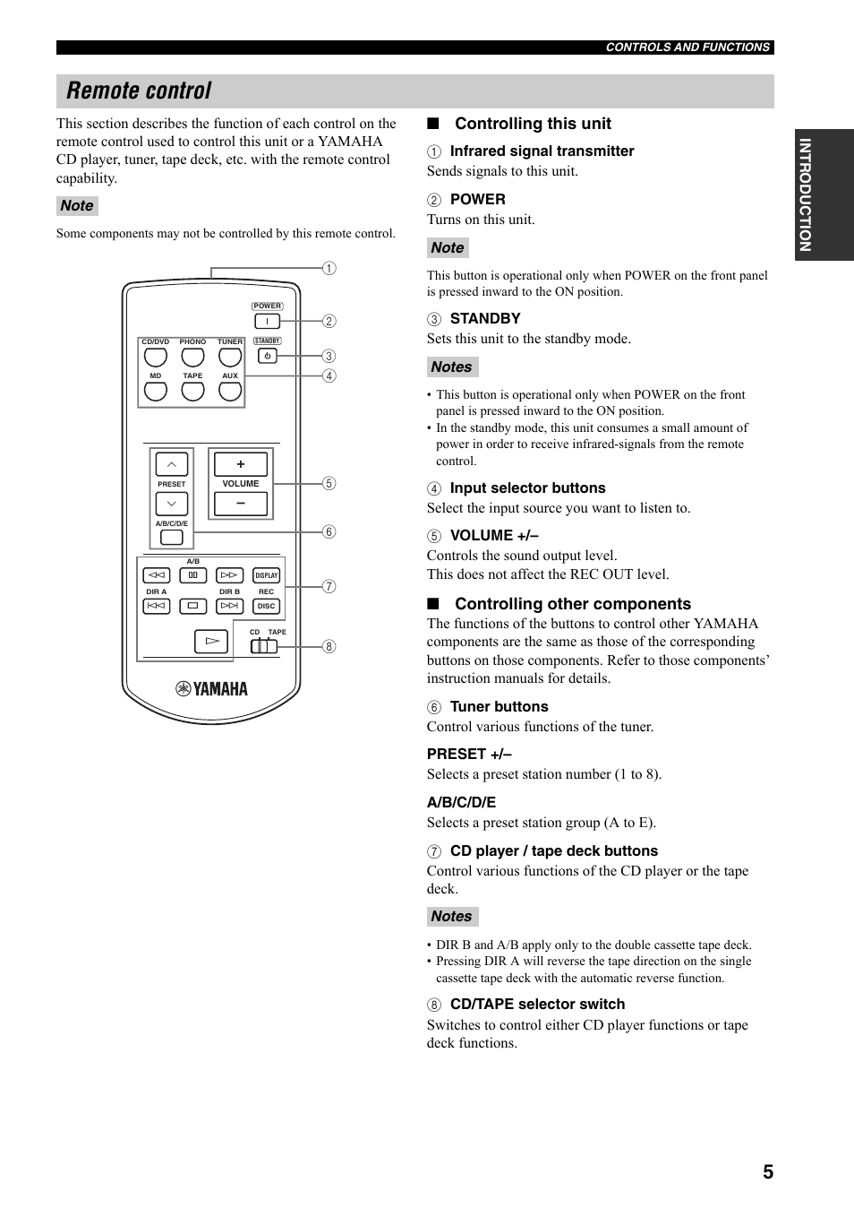 Remote control, Controlling this unit, Controlling other components | 3 standby sets this unit to the standby mode | Yamaha AX-397 EN User Manual | Page 9 / 23