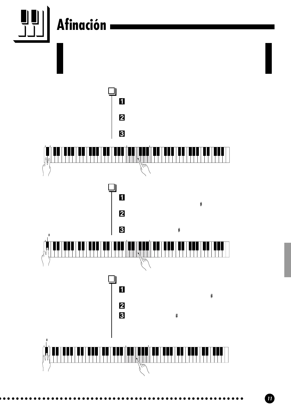 Afinación, Afinación ascendente, Afinación descendente | Para reponer el tono estándar | Yamaha CLP-810S User Manual | Page 11 / 28