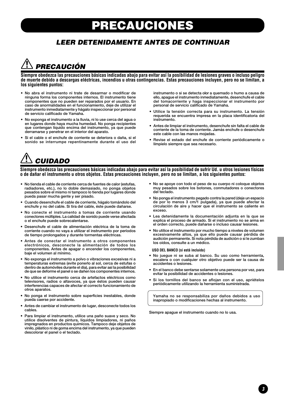 Precauciones, Leer detenidamente antes de continuar, Precaución | Cuidado | Yamaha CLP-810S User Manual | Page 3 / 28