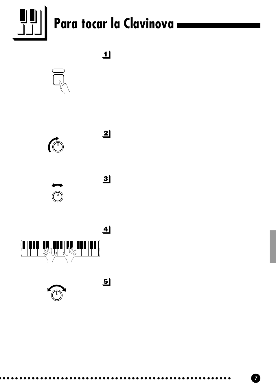 Para tocar la clavinova, Conecte la alimentación, Ajuste el volumen | Seleccione la voz normal o la variación, Toque, Añada la reverberación necesaria | Yamaha CLP-810S User Manual | Page 7 / 28