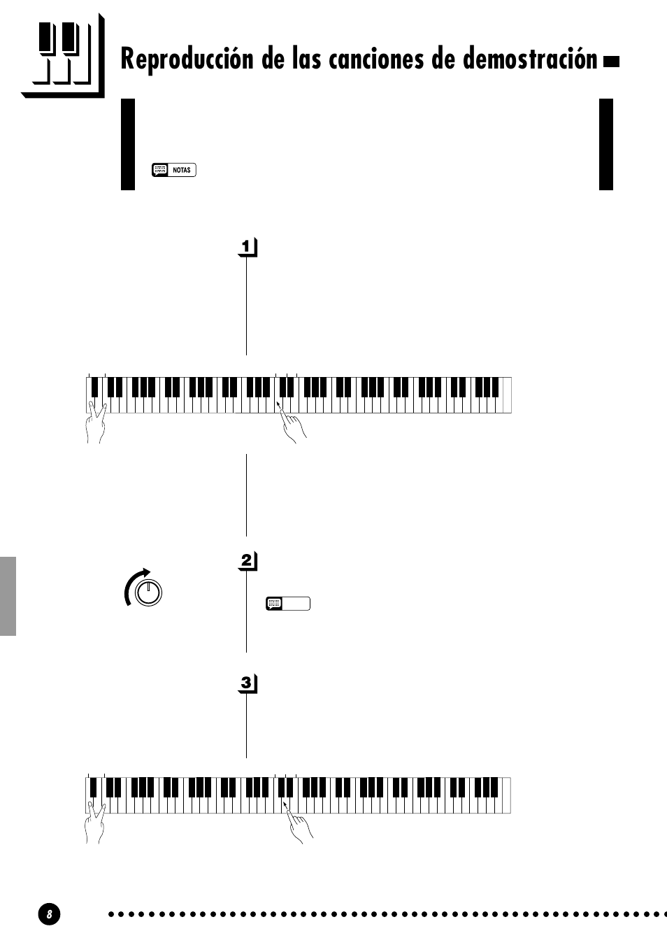 Reproducción de las canciones de demostración, Seleccione una pieza de demostración, Ajuste el volumen | Detenga la demostración | Yamaha CLP-810S User Manual | Page 8 / 28