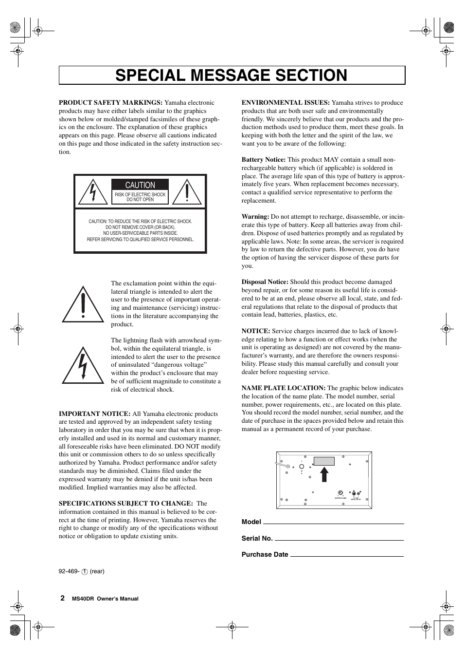 Caution | Yamaha MS40DR  EN User Manual | Page 2 / 8