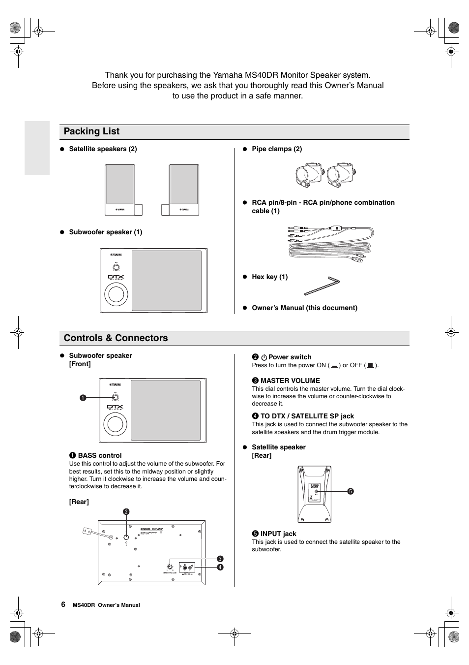 Packing list controls & connectors | Yamaha MS40DR  EN User Manual | Page 6 / 8